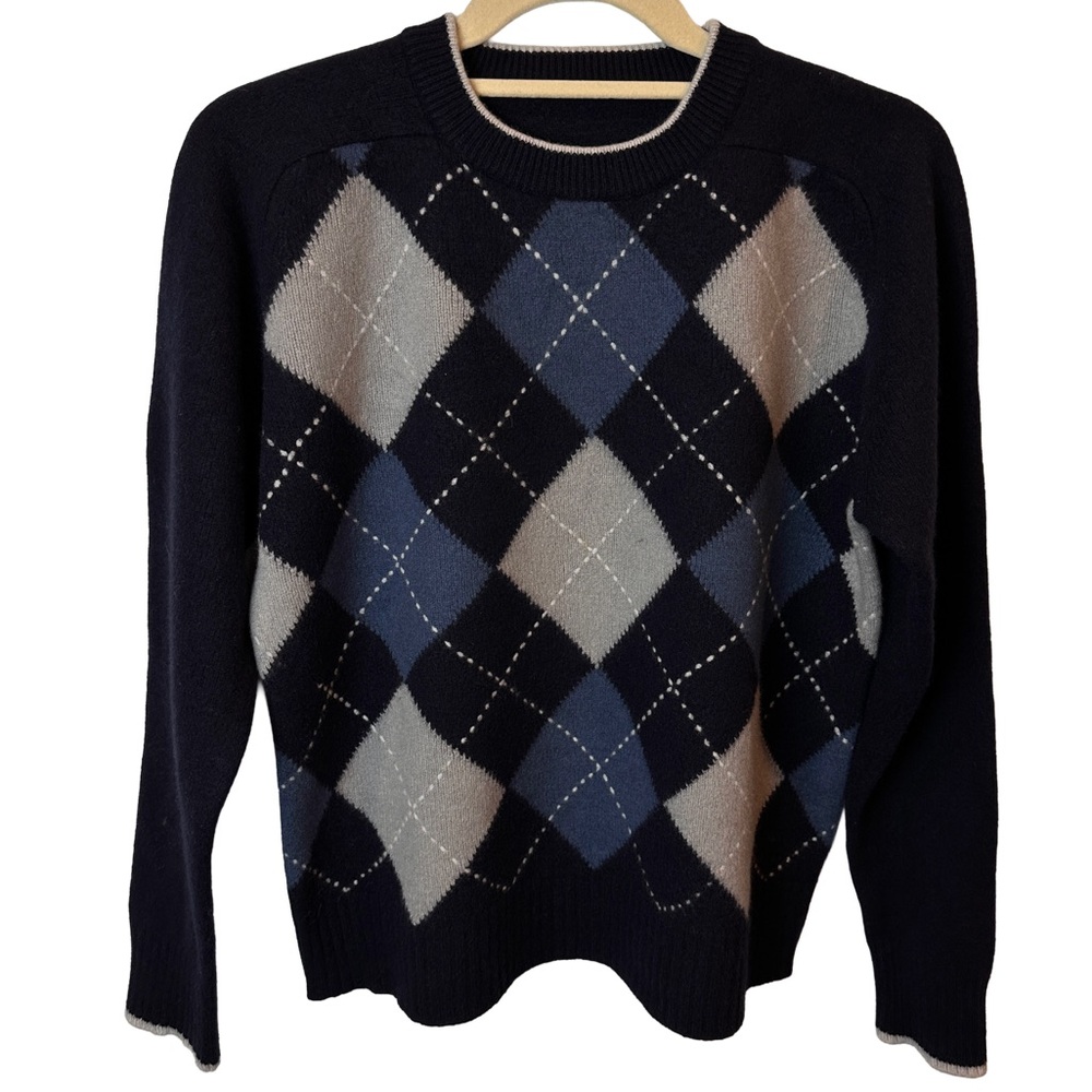 Vintage Men's Argyle Sweater - Navyโ and Gray